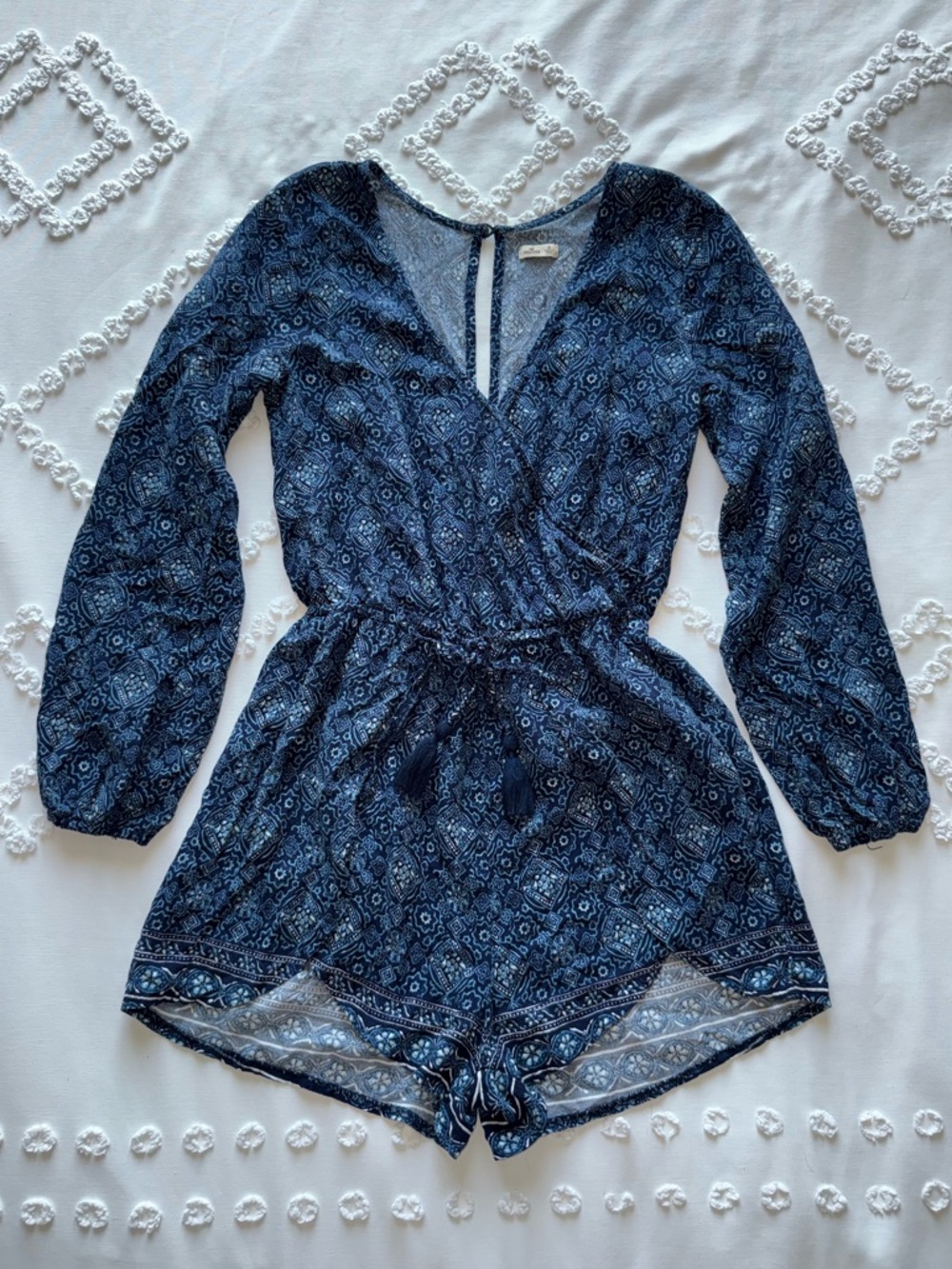 2015 Hollister Navy Patterned Long Sleeve Romper
